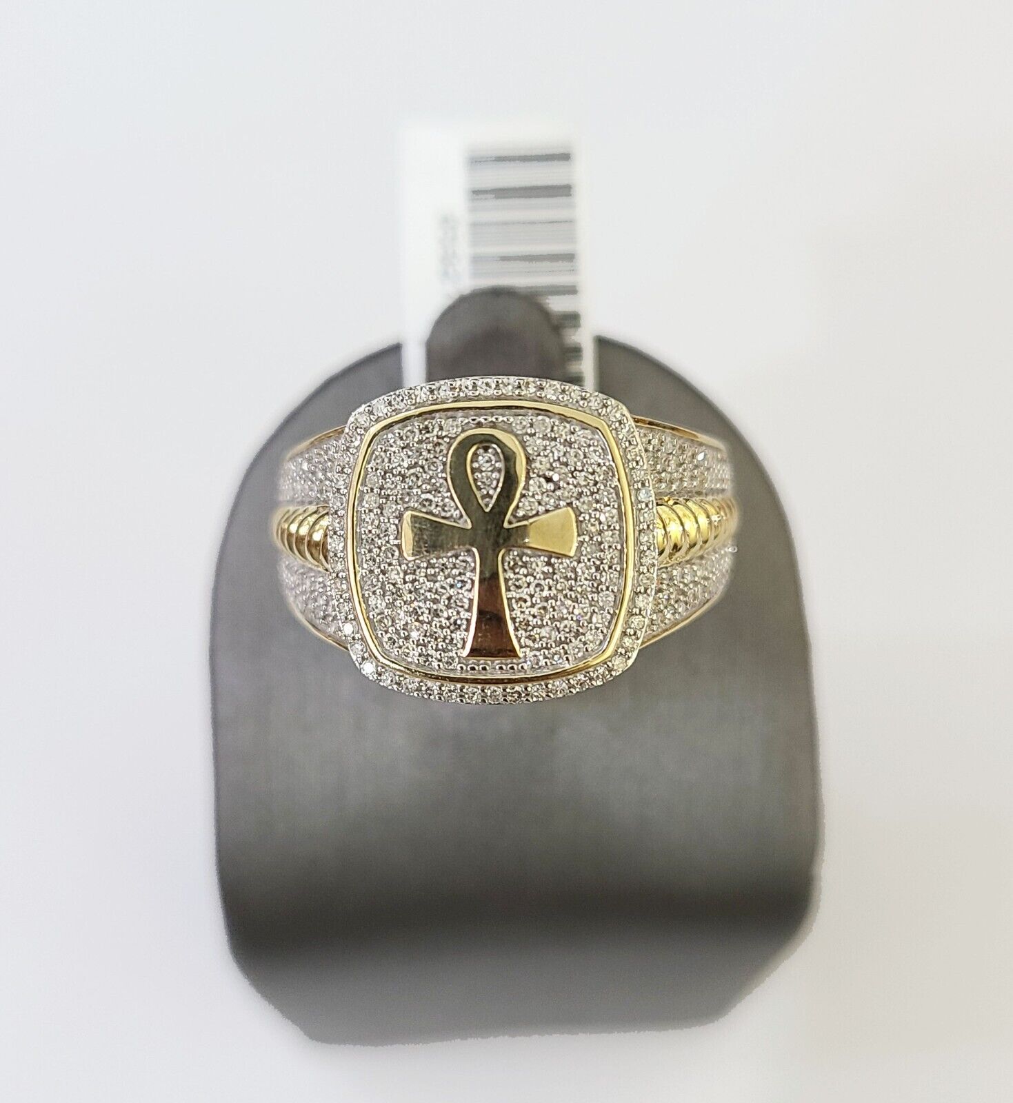 Real 10k Yellow Gold Diamond Mens Ring Ankh Cross Band Wedding Genuine Natural - GoldenlinQ